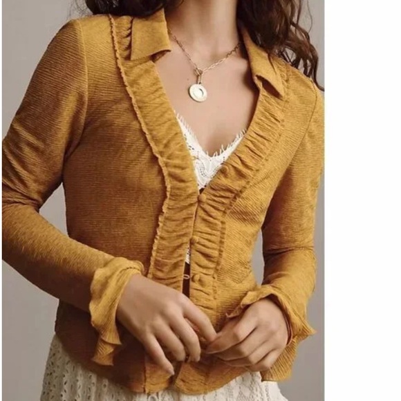 Anthropologie Tops - Anthro Mustard Yellow Ruffled Cardigan XL Cottagecore, Romantic, Coquette NWOT